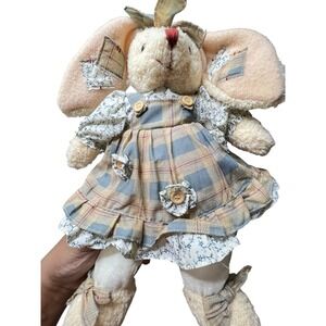 Vintage MTY International Plush Bunny Rabbit Plaid Dress Floral Country Core 12"